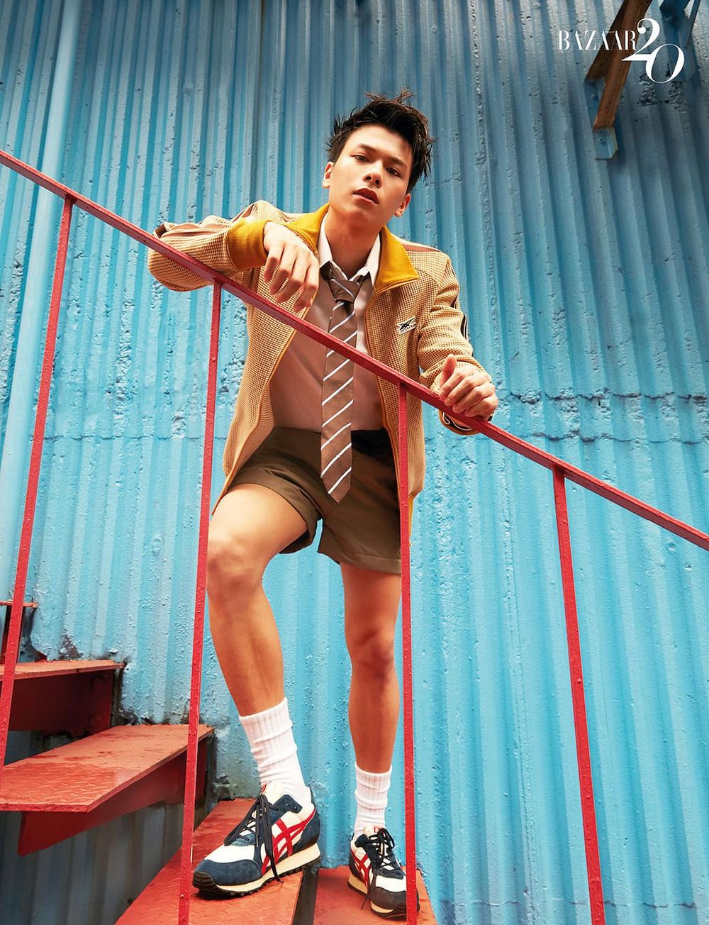 Yong wears jacket, shorts, socks (worn throughout) and Nippon Made Colorado Eighty-Five NM sneakers, all by Onitsuka Tiger. Shirt and tie (both worn throughout), stylist’s own. (Photo: Cher Him)