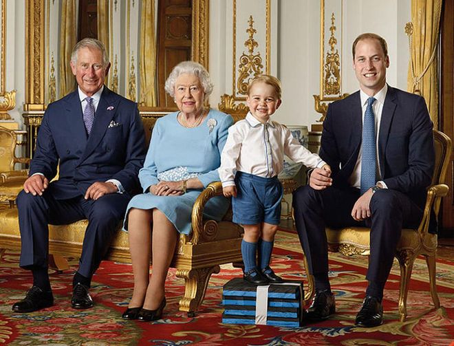 Prince George Poses With Queen Elizabeth, Prince Charles & Prince William For A Special Portrait