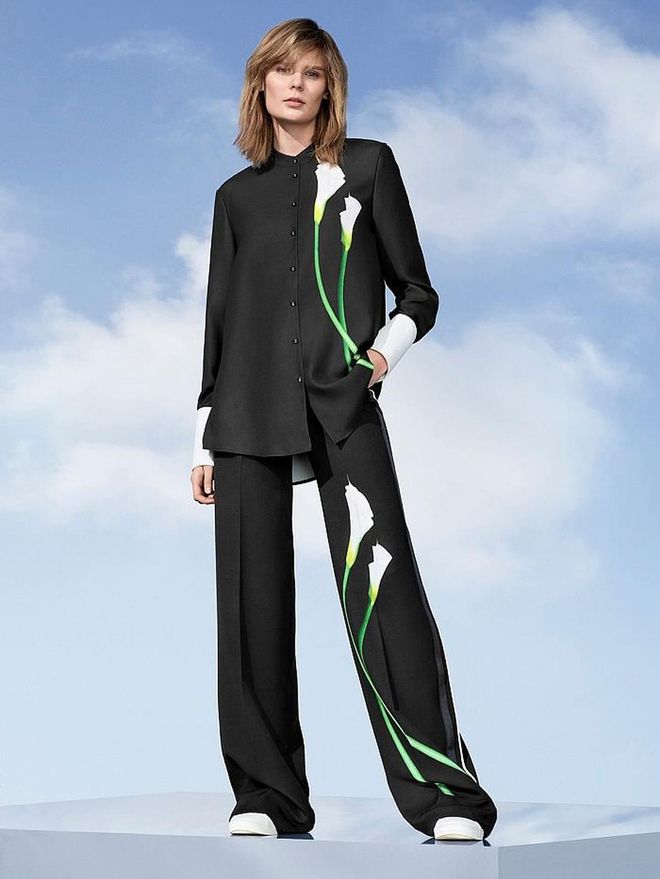 Women's Black Calla Lily Button Down, $30, and Black Satin Calla Lily Pants, $40. Photo: Target 