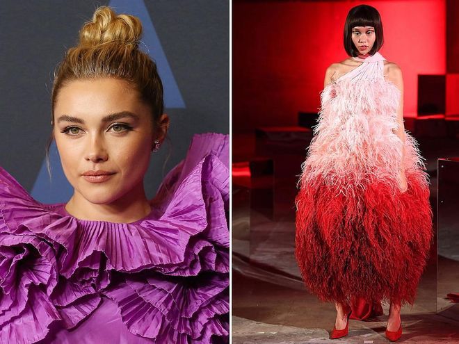 Florence Pugh so often chooses something totally unexpected for her biggest red-carpet moments and has been landing on best-dressed lists all year in gowns by everyone from Valentino to Miu Miu, Prada and Dries Van Noten. Next, we'd love to see the Little Women star turn heads in this feathered creation by industry newbie 16Arlington.