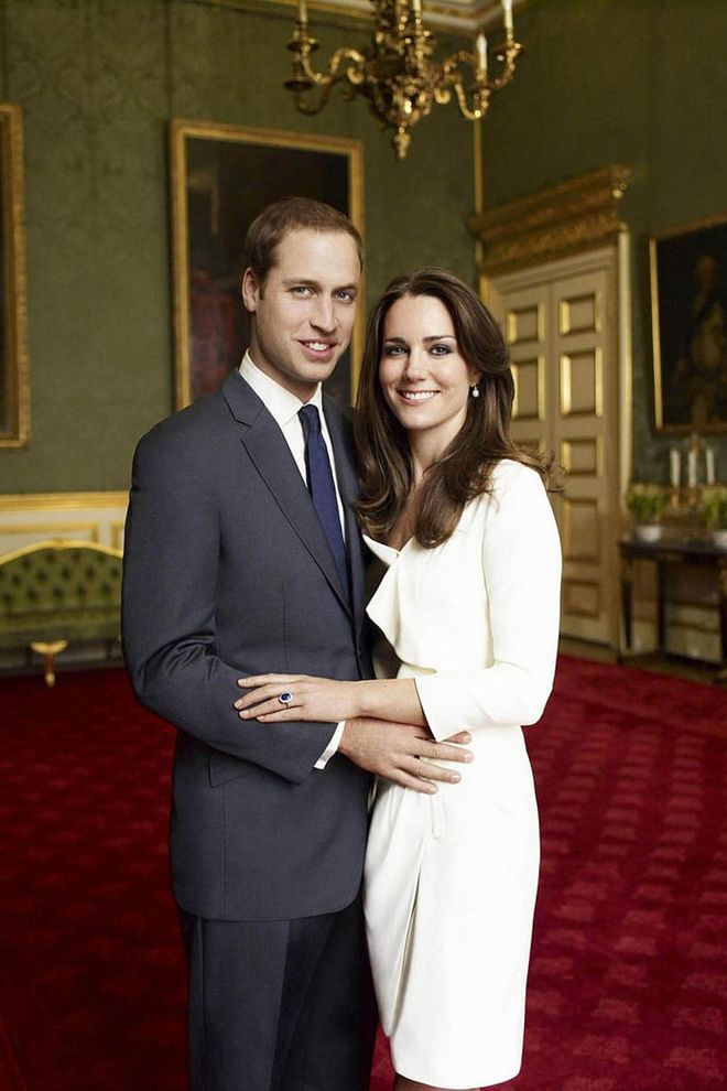 A month after announcing their engagement in November 2010, Prince William and Kate Middleton released their official engagement portraits, shot by Mario Testino in the historic chamber of Clarence House. The couple wed four months later.