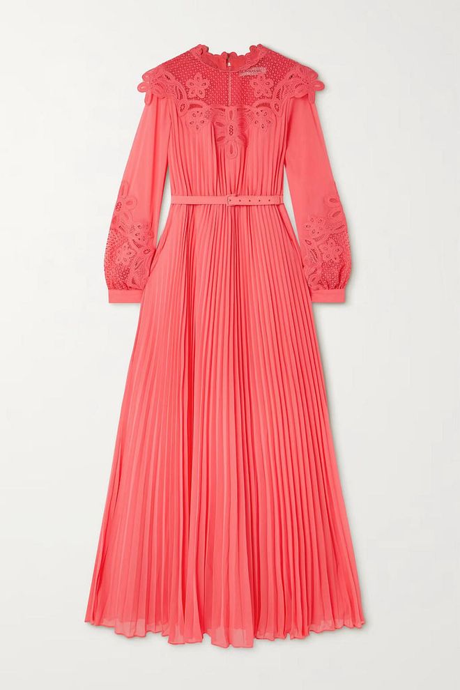 Belted Guipure Lace-Trimmed Pleated Gauze Maxi Dress, $632, Self-Portrait at Net-a-Porter