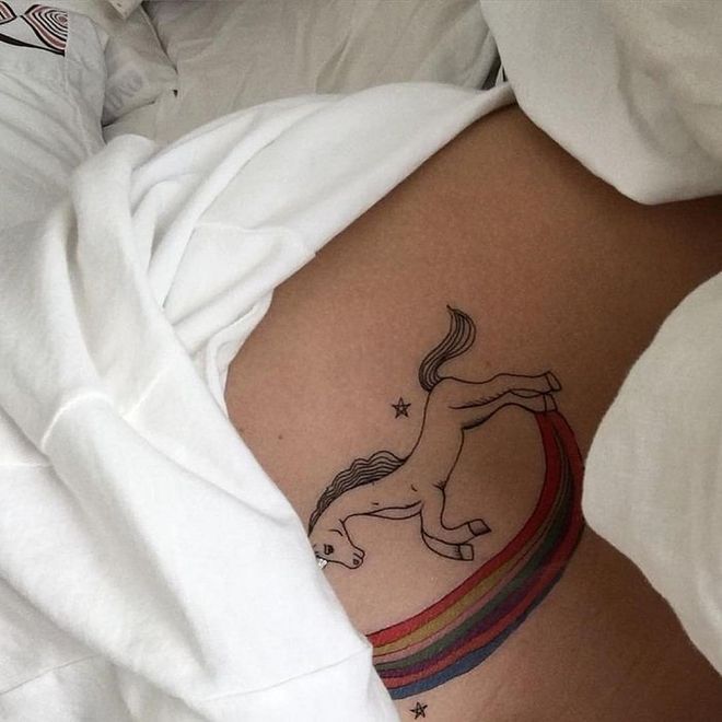 The model debuted some whimsical new ink on Instagram: a unicorn over a rainbow, dappled with stars. Luckily, the unicorn emoji now exists for her to caption the photo "???"