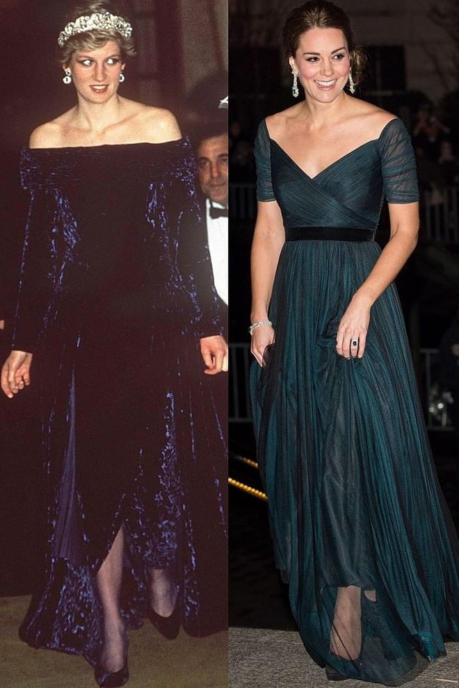 Diana in Bruce Oldfield at an official dinner in Lisbon, Portugal in February1987; Kate in Jenny Packham at the 600th Anniversary Dinner for St. Andrews in December 2014.