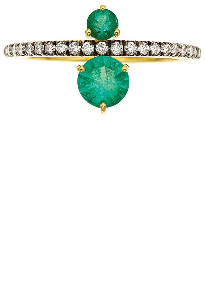 18k yellow gold Emerald and Diamond Ring, $3,885, www.quietstorms.com.
