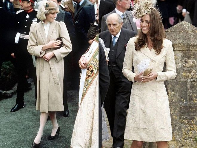 Diana on her first official visit to Wales, in 1981; Kate attends the wedding of Laura Parker Bowles and Harry Lopes in 2006.