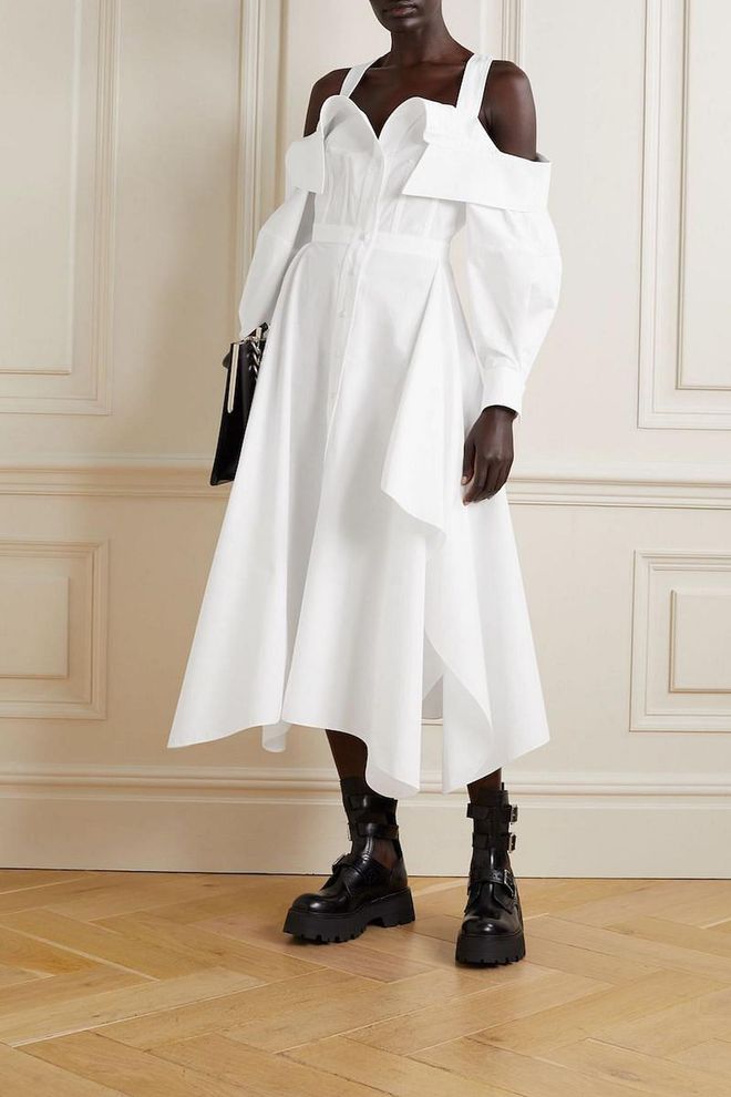 Cold-Shoulder Draped Cotton Midi Shirt Dress, $3,857, Alexander McQueen at Net-a-Porter