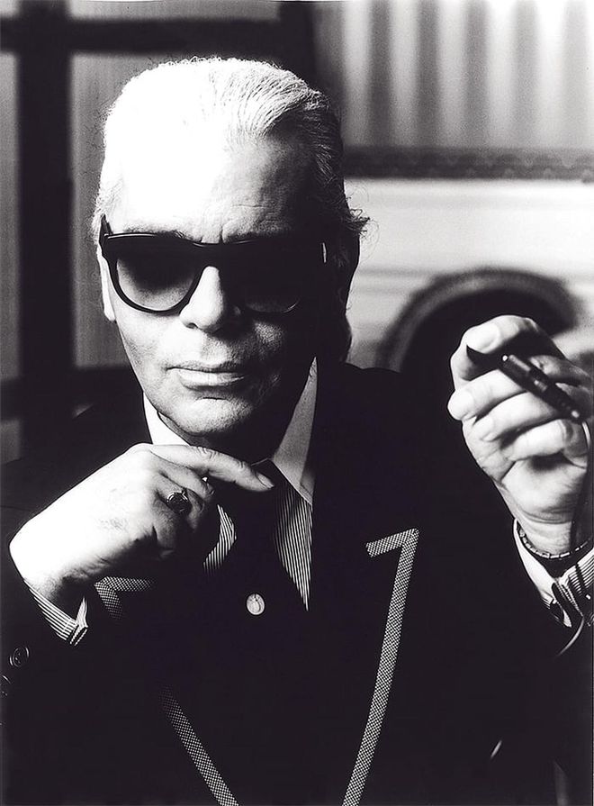 Lagerfeld at work in his office, photographed in 1995