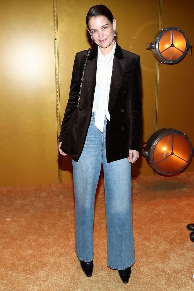 Katie Holmes kept things classic in wide-leg jeans and a black blazer.

Photo: Cindy Ord / Getty