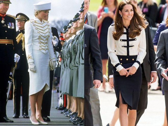 Diana wears Catherine Walker for a passing out parade in Surrey in 1987; Kate visits Bletchley Park wearing Alexander McQueen, 2014.
