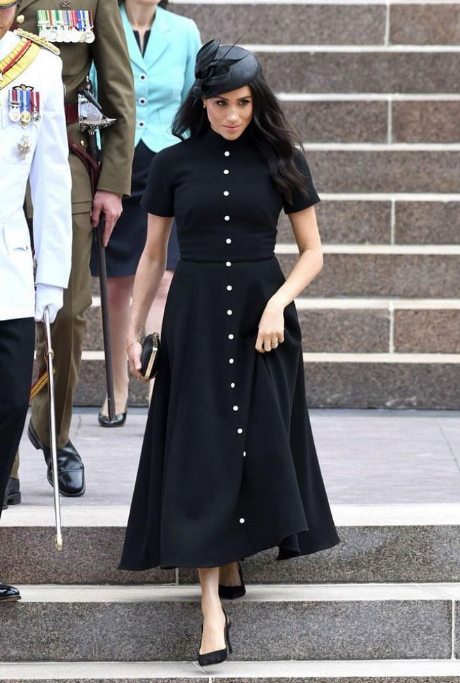 Meghan Markle wearing Emilia Wickstead Camila wool-crepe midi dress in black
