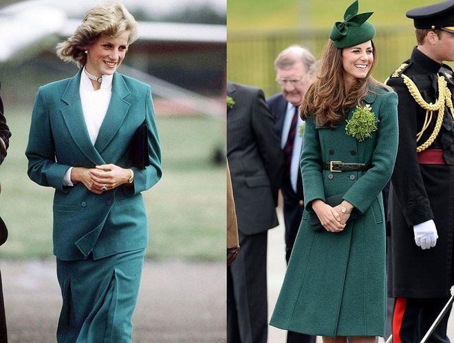 Diana in a Jasper Conran suit in 1983; Kate at a St. Patrick's Day parade in 2014.
