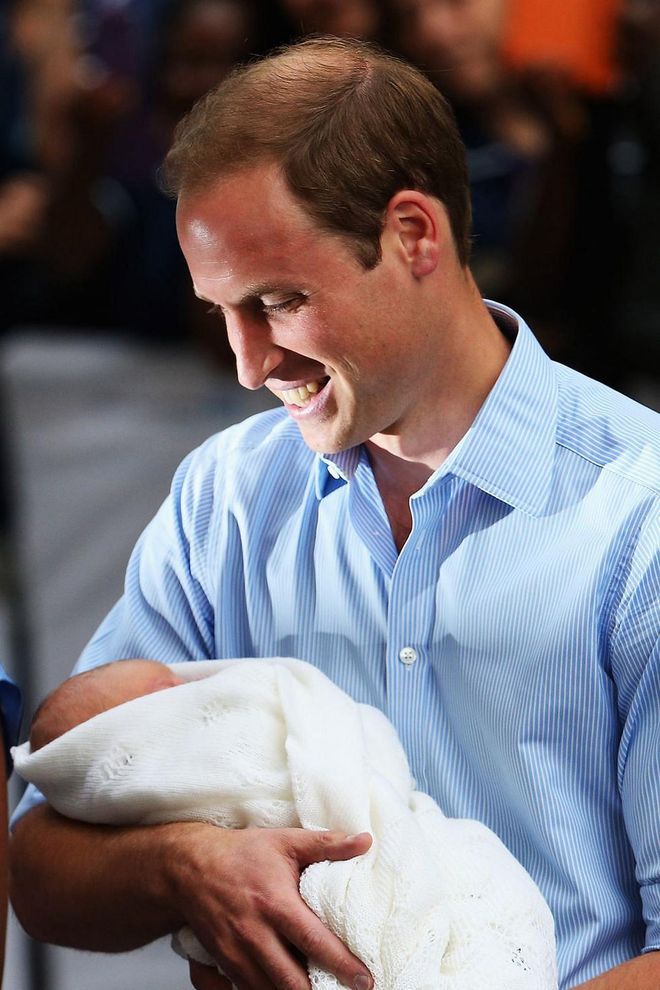 Prince William departs The Lindo Wing with his newborn son, Prince George, at St Mary's Hospital on July 23, 2013 in London, England.

Photo: Getty