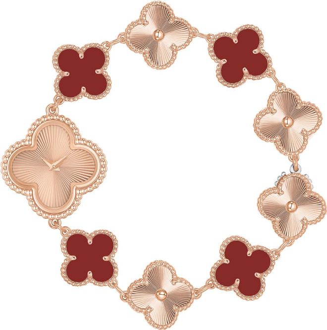Rose gold and carnelian Vintage Alhambra bracelet, $7,300, Van Cleef & Arpels
