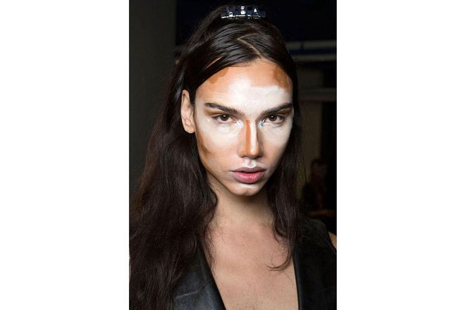 Props to Hood by Air, whose Spring 2016 show called out the contouring craze that is still going strong in some corners of the beauty vlogosphere. ; Photo: Imaxtree