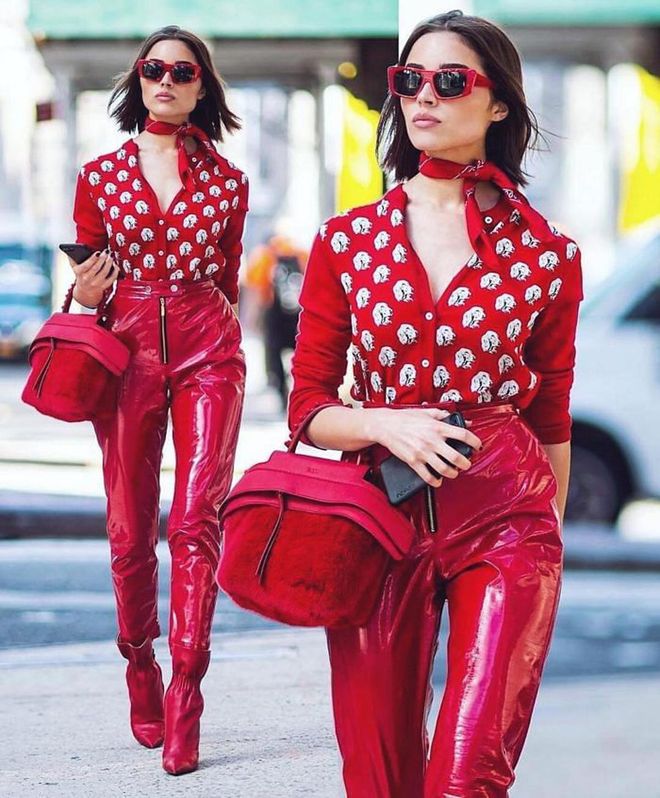 Owning some hot red boldness in a full MSGM outfit. 
Photo: Instagram/@oliviaculpo