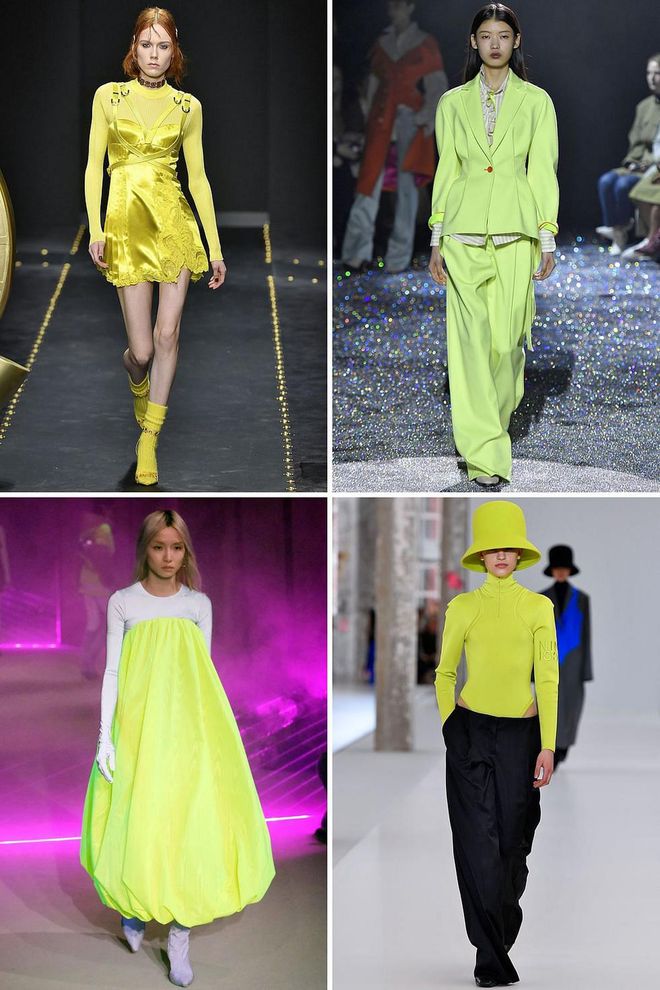 Surprising us all, neons popped up on countless fall 2019 runways, from New York to Milan to Paris. Whether you go for jacket, sweater, or dress form, this is one way to stand out in all of winter's storms.

Clockwise from top left: Versace, Sies Marjan, Nina Ricci, Marine Serre. Photo: Getty