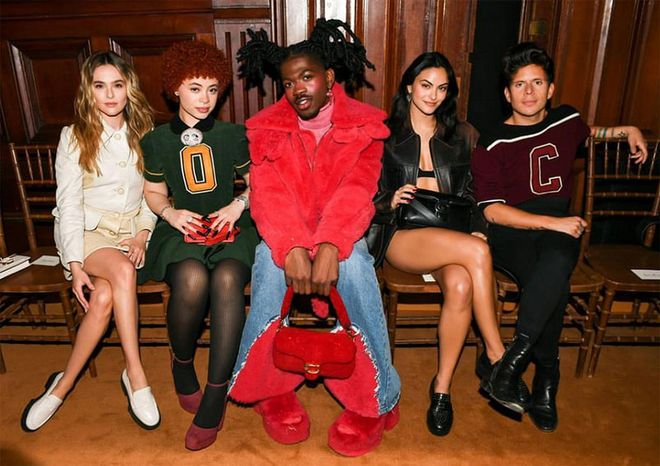 Mendes, second from right, in the Coach VIP section with Zoey Deutch, Ice Spice, Lil Nas X, and Rudy Mancuso.