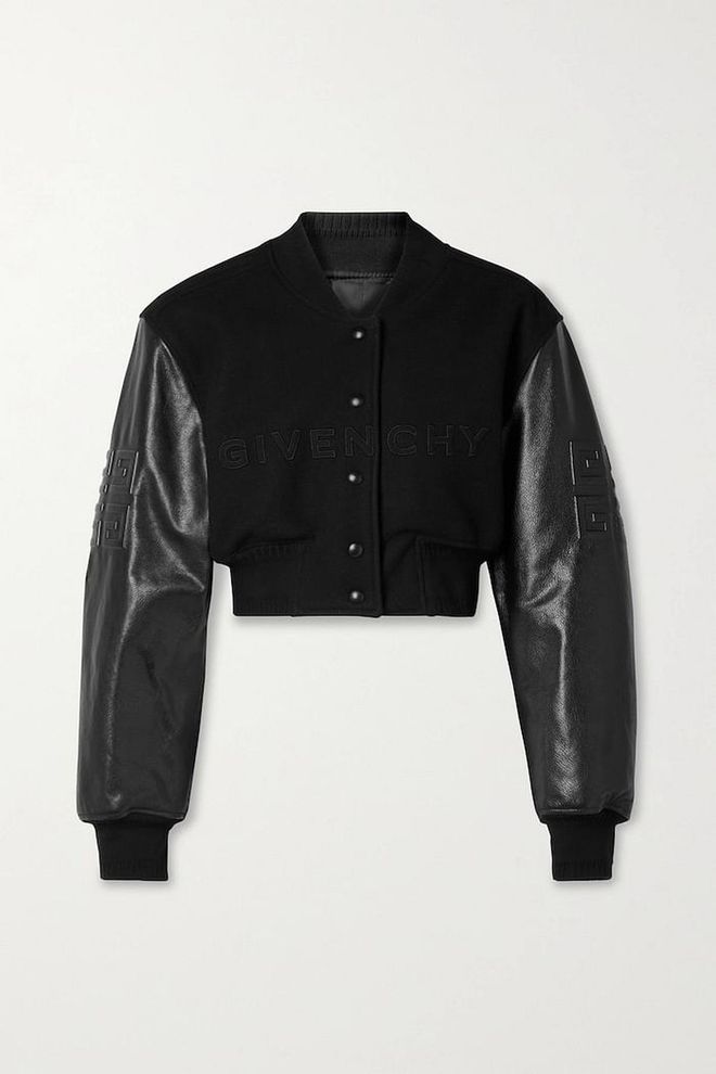 Cropped Embroidered Wool-Blend Fleece And Leather Bomber Jacket, $3,250, Givenchy at Net-a-Porter
