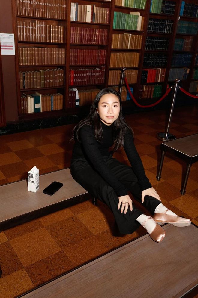 Sandy Liang wearing her popular Mary Jane pointe shoes ahead of her fall 2023 show.