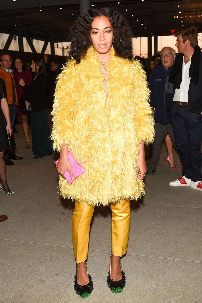 Managing to dodge looking like Big Bird in yellow fur, trust Solange to pull off this vibrant look with so much style