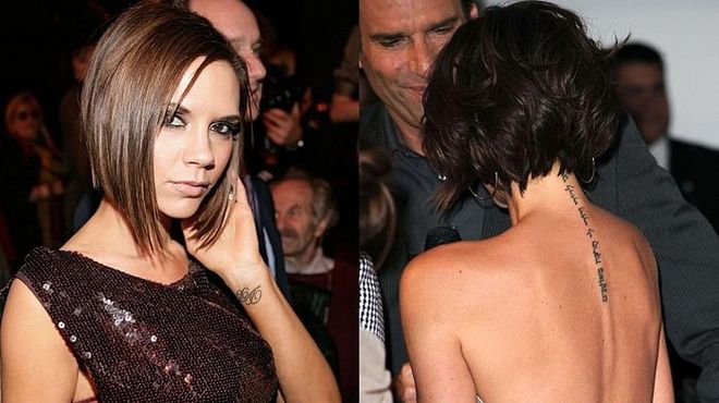 Posh has hubby David's initials tattooed on her left wrist, and a quote from Song of Solomon in Hebrew down her back.