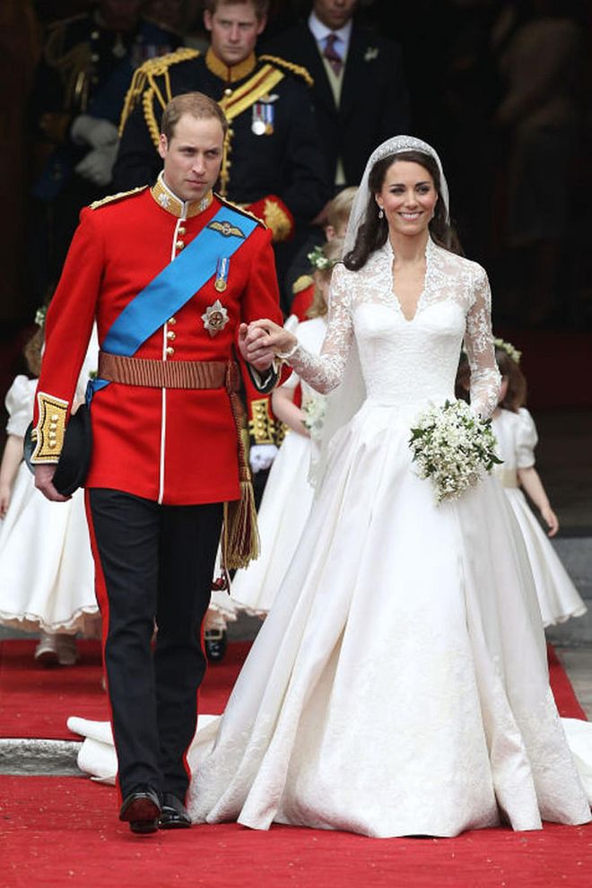 Naturally, the April 29, 2011, wedding of Kate Middleton (now Catherine, Duchess of Cambridge) to Prince William, Duke of Cambridge, involved an incredibly lavish gown. The bride wore a custom dress by English designer Sarah Burton that reportedly cost $400,000, though this claim has not been confirmed by the Royal Family. With its lace sleeves, a nine-foot train and a stunning veil made of silk tulle, the gown was truly fit for a future queen.