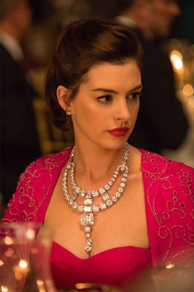 This is another film about high-stakes jewel thievery, but the target in Ocean’s 8 is an enormous necklace called the ‘Toussaint’, worn by Anne Hathaway’s character to the annual Met Gala and named for Cartier’s legendary creative director Jeanne Toussaint.

While the necklace in the film isn’t real (it’s made of zirconium oxide stones mounted in white gold), it was created in Cartier’s own Parisian atelier, so it does look authentically fabulous.

Its design was actually inspired by a vintage Cartier necklace that was created in 1931 for the Maharajah of Nawangar and included a 12-carat olive green diamond, a 136.25-carat blue-white diamond and a handful of large pink diamonds nestled among cascades of white diamonds.

Photo: Courtesy of Warner Brothers