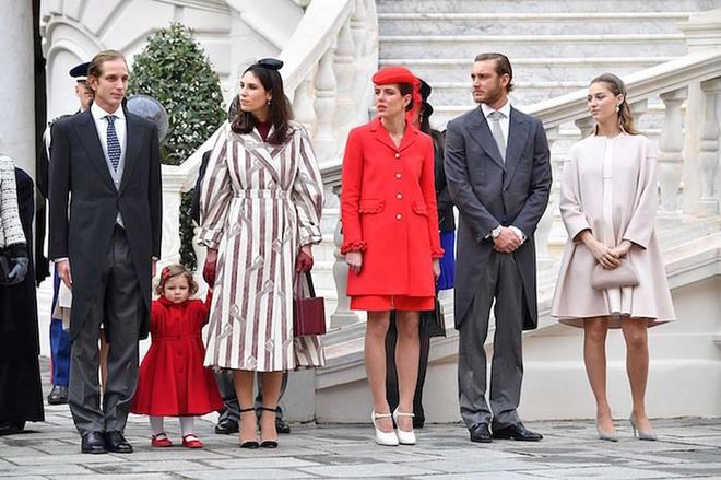 Andrea Casiraghi, his daughter India and her mother Tatiana Santo Domingo, Charlotte Casiraghi, Pierre Casiraghi and Beatrice Borromeo attend the Monaco National Day Celebrations in the Monaco Palace Courtyard on November 19, 2016.