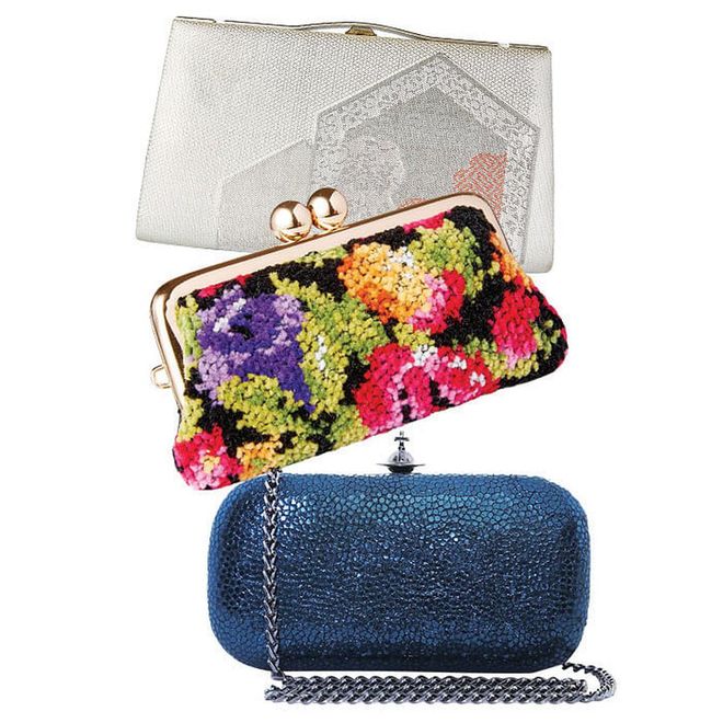 Besides lots of food, the holiday season brings lots of parties. The ultimate party accessory? A clutch in a bright hue or one that shimmers. (From top: Clutch, $48; pouch,
$46, Patch Magic. Clutch, $645,
Vivienne Westwood at TYAN)