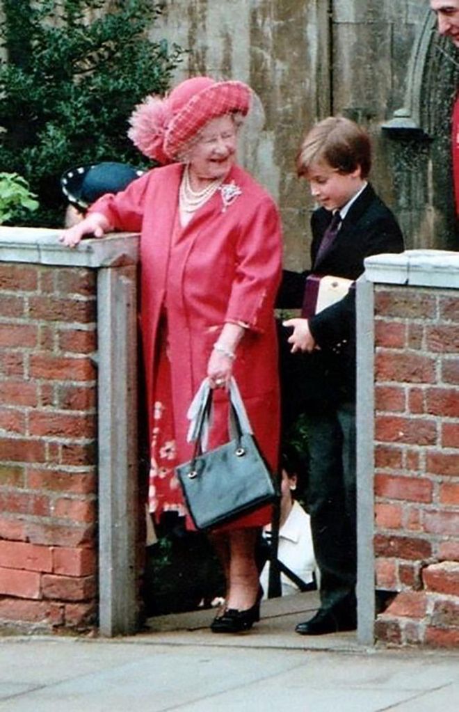 The young prince, who would have been nine-years-old at the time, helping his Great Grandmother up the steps outside St George's Chapel in Windsor Castle in April 1992.