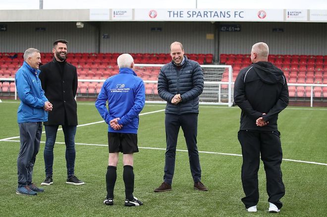 Meeting with David MacPhee and footballer Steven Thompson during a visit to Spartans FC's Ainslie Park Stadium on May 21, 2021 in Edinburgh, Scotland. (Photo: Getty Images)