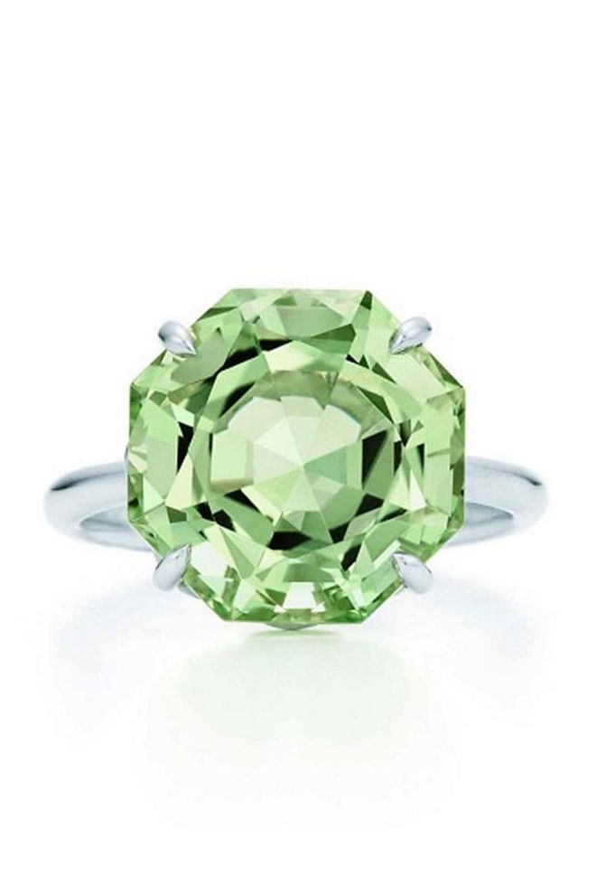 This elegant green-quartz engagement ring is teh perfect design for fans with a smaller budget or who are keen on green. Tiffany Green Quartz Ring, S$2,096