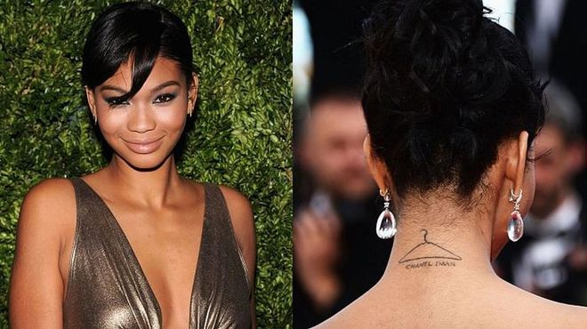 Iman has a hanger sketched along the back of her neck with her name written beneath it.