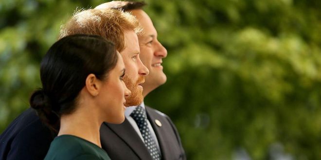A side profile of the Sussexes and Taoiseach Varadkar.

Photo: Getty