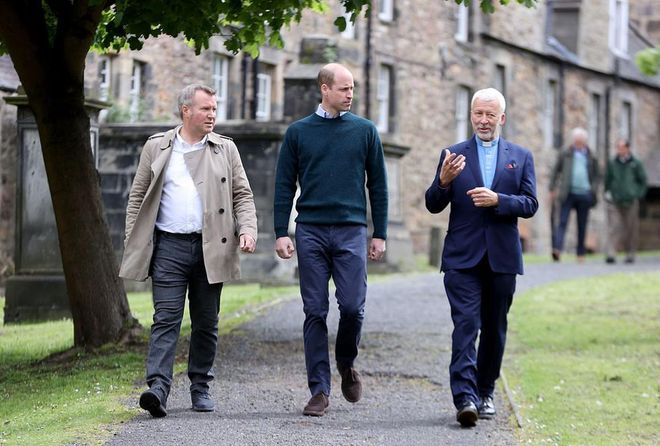 Talking to CEO Jonny Kinross and Founder and Greyfriars Kirk minister, Richard Frazer at the Grassmarket Community Project on May 23, 2021 in Edinburgh, Scotland. (Photo: Chris Jackson/Getty Images)