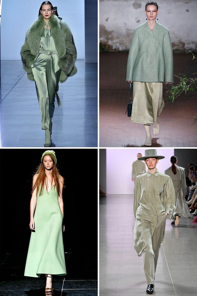 After seasons of asking what the next millennial pink is, we finally have an answer: pistachio green. Popping up on several fall 2019 runways, the color quickly began taking over Instagram and the street style scene. The soft hue feels fresh, especially for the fall/winter season, and looks good in both apparel and accessory forms.

Clockwise from top left: Sally LaPointe, Jil Sander, Ryan Roche, Marc Jacobs. Photo: Getty