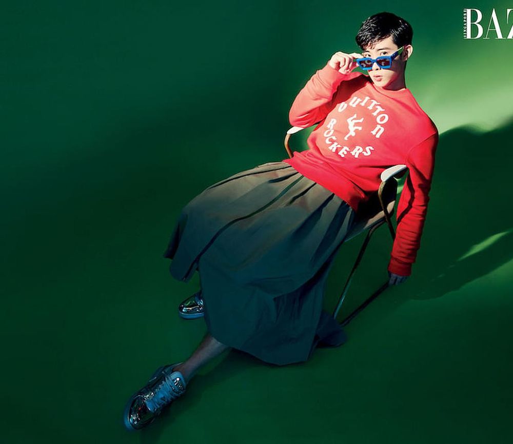 Loh Kean Yew wears, sweater; skirt; sunglasses and sneakers, all by Louis Vuitton. (Photo: Gan)