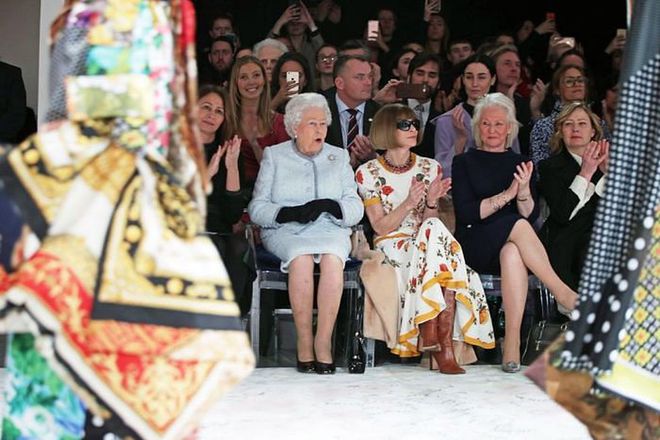 The queen made her London Fashion Week debut on February 20 to hand out the first Queen Elizabeth II Award for British Design. Sitting front row alongside Anna Wintour (with her own special seat cushion, natch), Her Majesty looked right at home surrounded by the British capital’s young and fabulous.

Photo: Getty