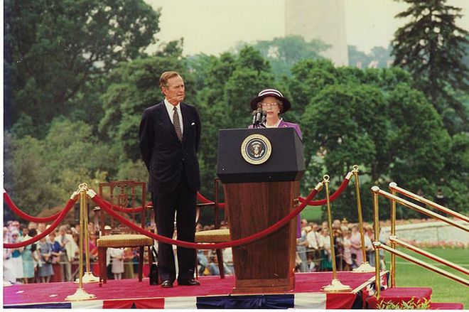 The monarch with President George Bush, taken by American fan Marlene Koenig.