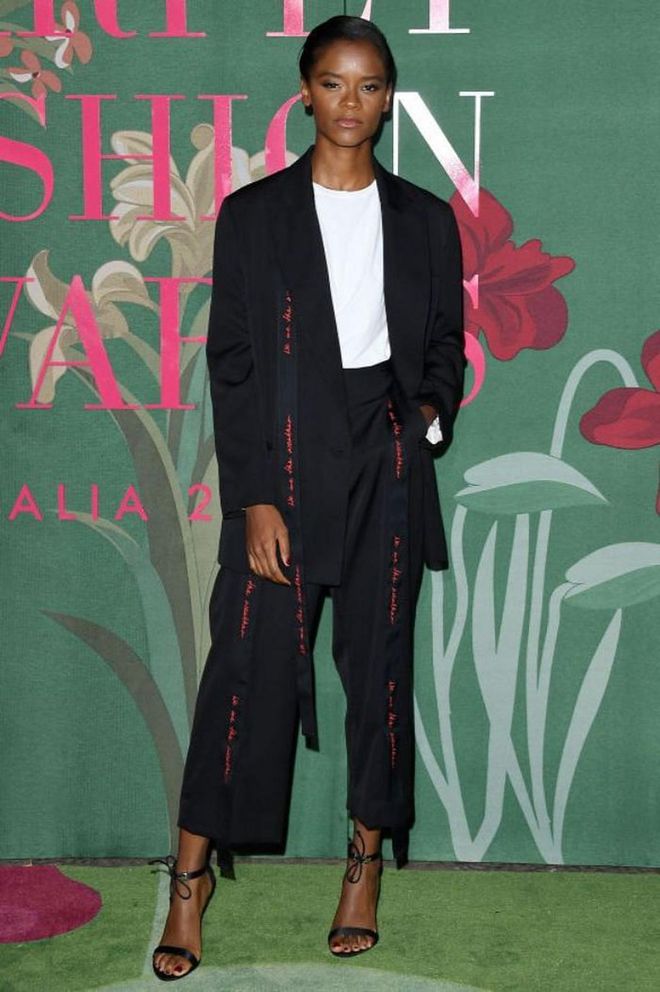 Letitia Wright wore a Stella McCartney suit with strappy sandals.

Photo: Getty Images