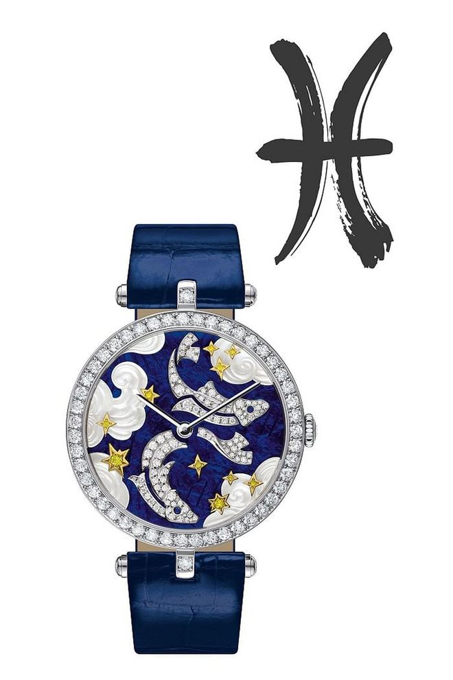 The Van Cleef & Arpels Poetic Astronomy collection has a watch for each sign. This 22-piece limited edition white gold "Pisces" nods to the artistic and intuitive water sign with mother-of-pearl waves; diamond-set fish with gold stars and yellow diamonds add an elegant touch. <b>Van Cleef & Arpels Lady Arpels Zodiac "Pisces" Watch, $98,000</b>