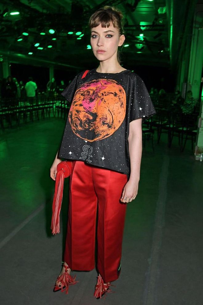 Imogen Poots made a case for statement fringed shoes at the fashion show.

Photo: David M. Bennet / Getty