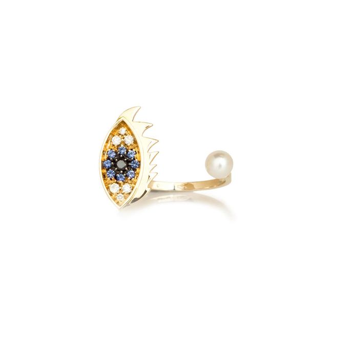 Delfina Delettrez Glittered Eye Piercing Ring with Sapphire and Pearl in Yellow Gold, $2,120