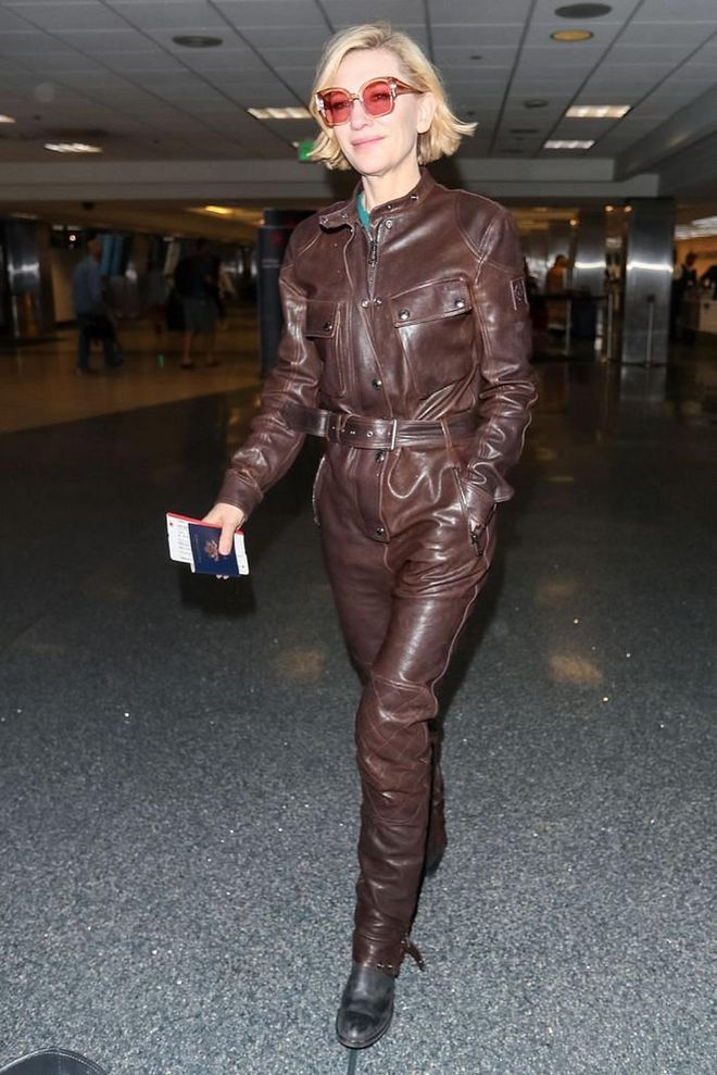 Cate Blanchett went for an all-leather Belstaff look at Los Angeles airport.

Photo: Getty