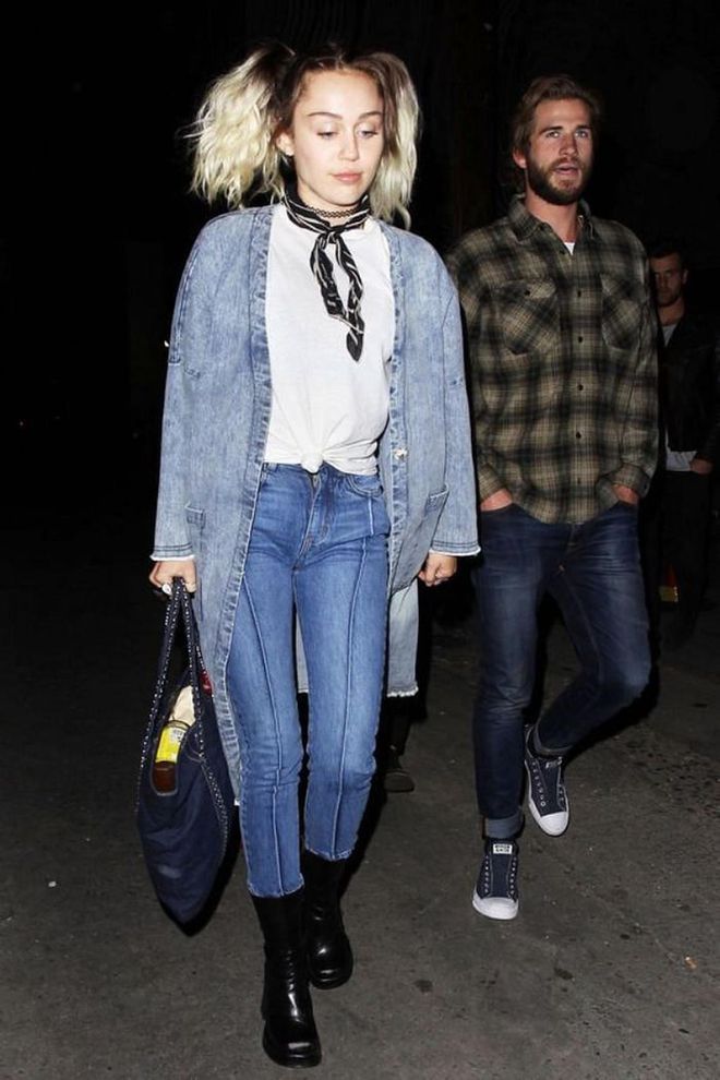 Miley in denim on denim while out on a concert date with Liam Hemsworth in Los Angeles.

Photo: Courtesy