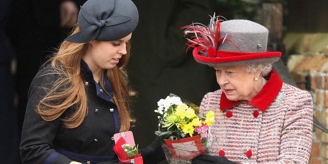 The Queen and Princess Beatrice leave St. Mary's Church together after Christmas Day services. Photo: Getty