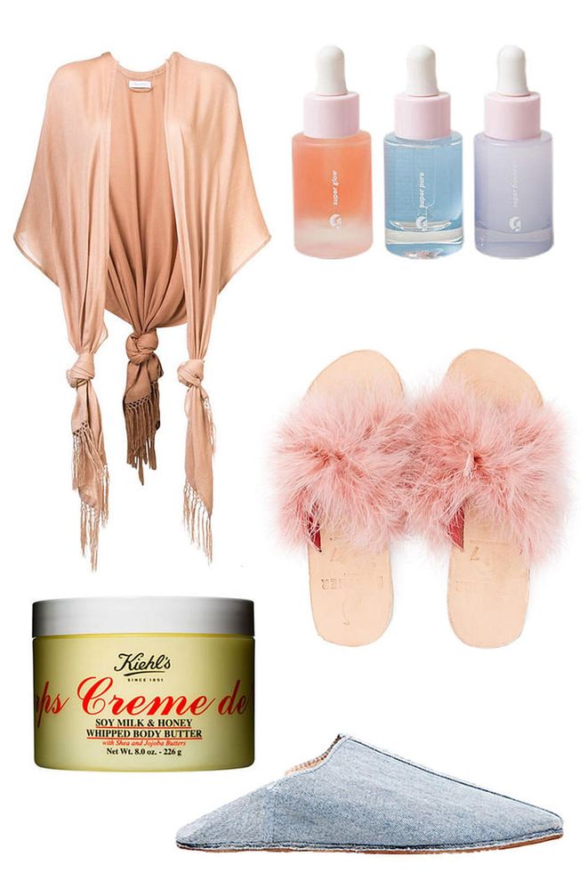 Glossier serum, Kiehl's Body butter, Ryan Roche cashmere capes in both blush and black, my Brother Vellies Babouche in denim and my Marabou Lamu sandals!