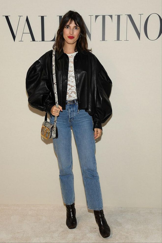 Jeanne Damas kept things chic in a pair of blue jeans and a leather jacket.

Photo: Pascal Le Segretain / Getty