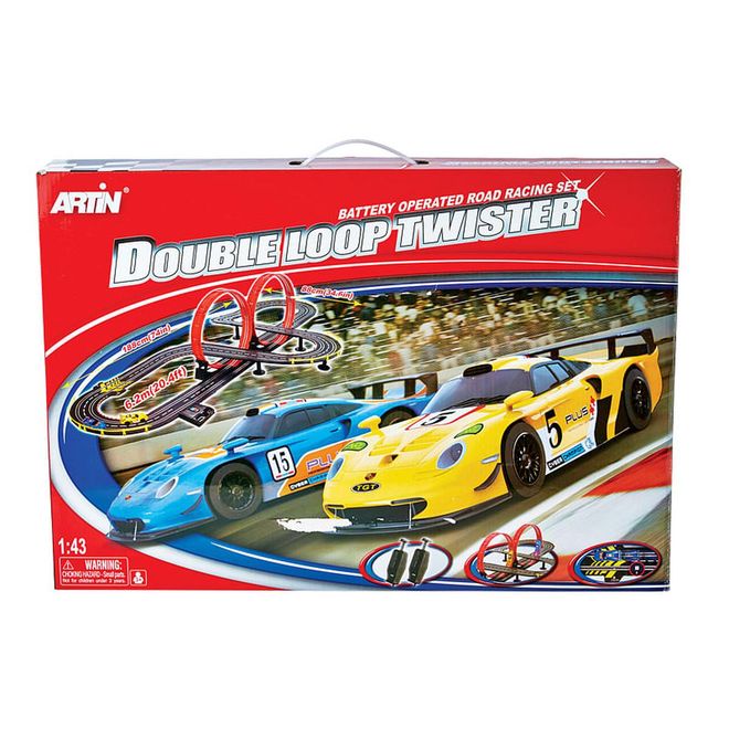This battery-operated two-level track features two 360-degree loops and two Porsche 911 racers. Players control the action with hand controllers—when they press the control gently, the car will move slowly and when they press it hard, it will speed up. 